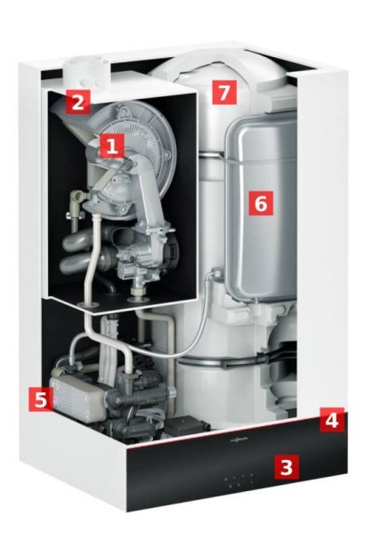Centrală termică în condensație cu boiler încorporat 46 litri Viessmann Vitodens 111-W S1 tip B1LF 25kW, termostat Honeywell-CAD