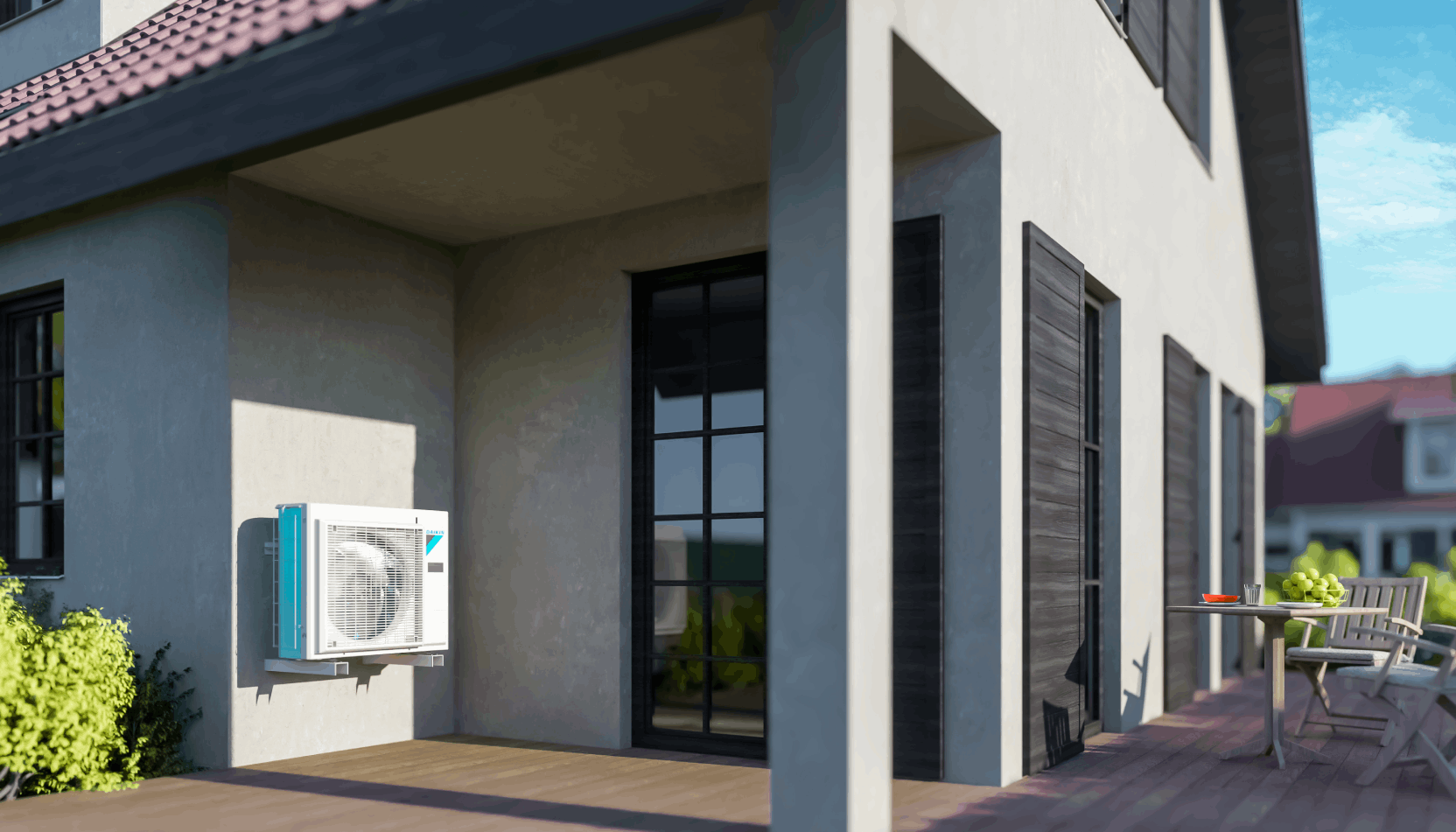 Montaj discret unitate externă Daikin Altherma ERLA11DW în curtea unei case moderne